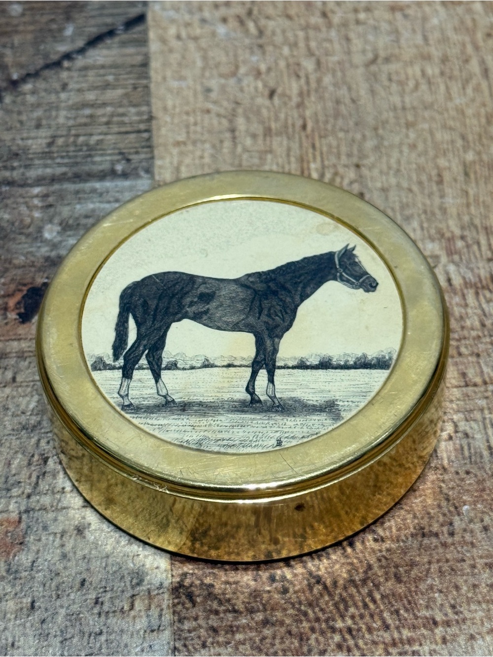 Vintage BARLOW Brass Paperweight, Stephen Barlow Faux Scrimshaw horse Paperweigh